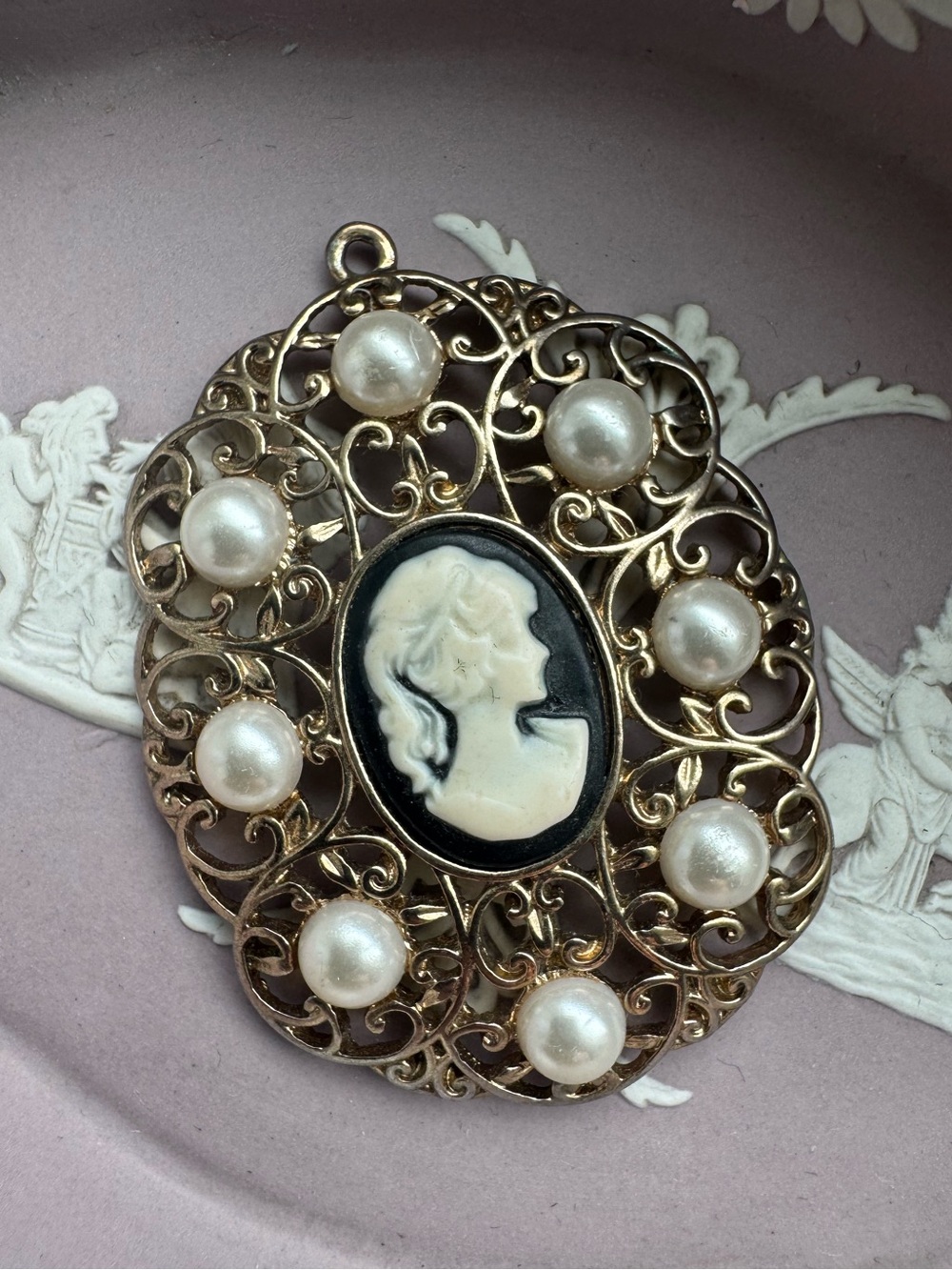 Vintage Victorian Style Cameo Pendant Brooch • Gold Tone Filigree with Faux